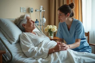 Soignante tenant la main d'une femme âgée en soins palliatifs dans une chambre calme et apaisante