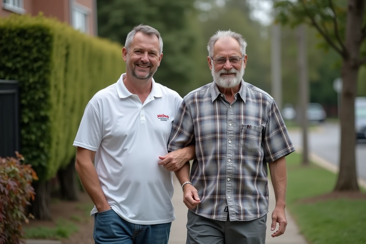 Un aide à domicile accompagne un senior lors d'une promenade quotidienne dans un quartier résidentiel, illustrant les services d'assistance aux personnes âgées