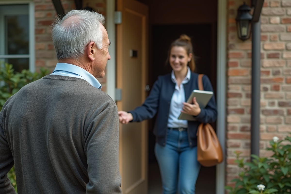 Femme aidant un homme à la porte de sa maison