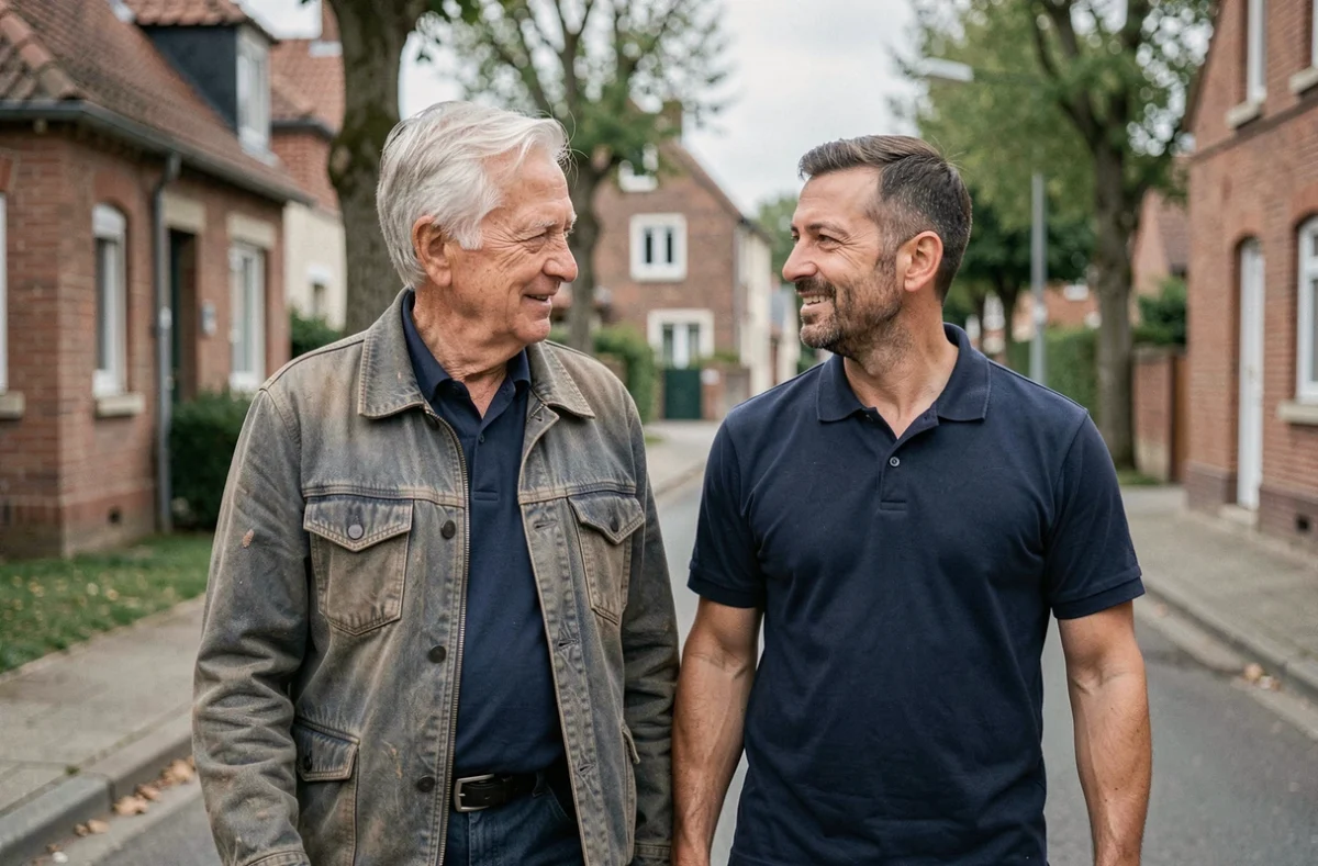 Un intervenant de l'ADEF accompagne un senior lors d'une promenade dans un quartier résidentiel typique du Nord de la France.