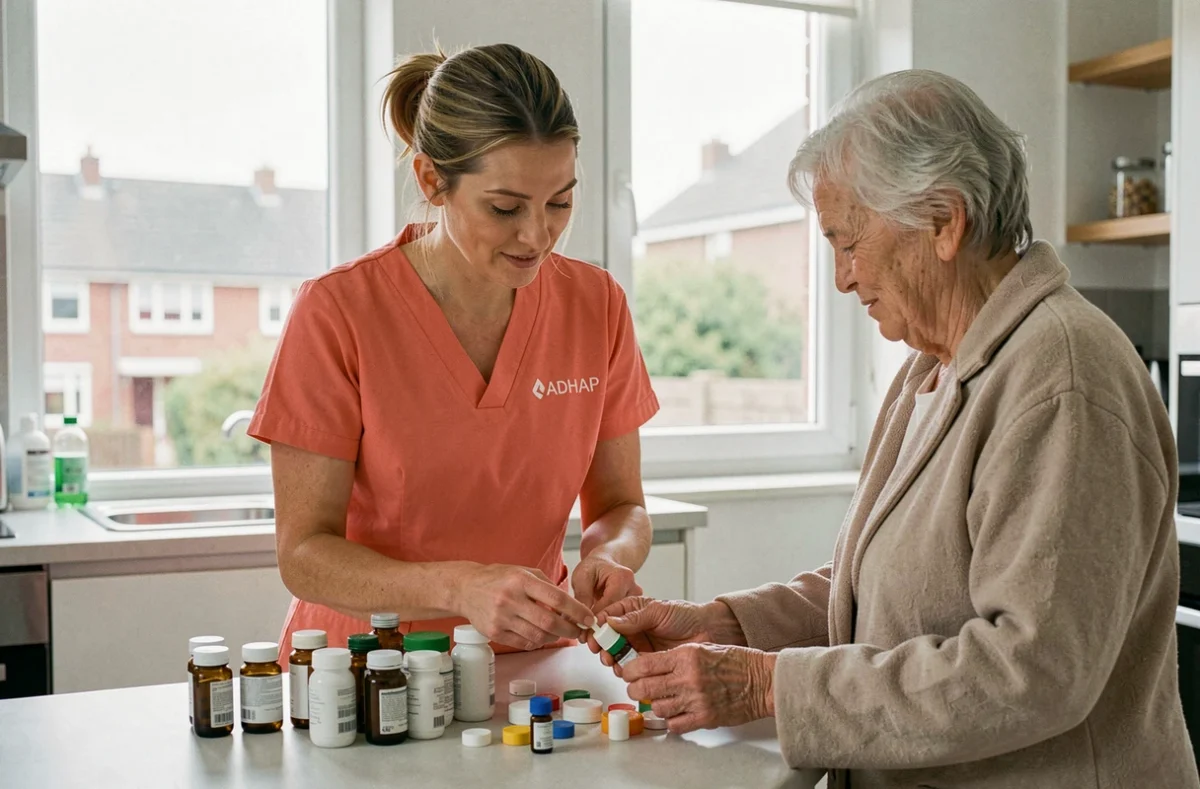 Une aide à domicile d'ADHAP Services Lens aide une personne âgée à gérer ses médicaments dans une cuisine moderne de la région de Lens.