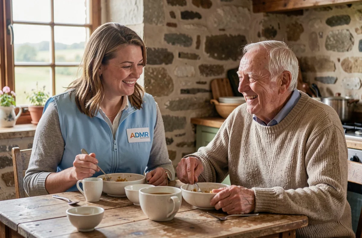 Une aide à domicile de l'ADMR Hesdin assiste un homme âgé au petit-déjeuner dans une cuisine rustique de la région d'Hesdin dans le Pas-de-Calais.