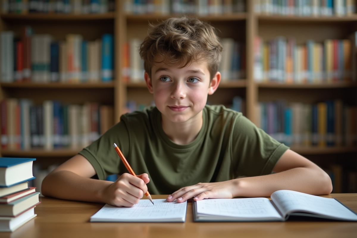 Adolescent concentré à la bibliothèque avec puzzle sudoku