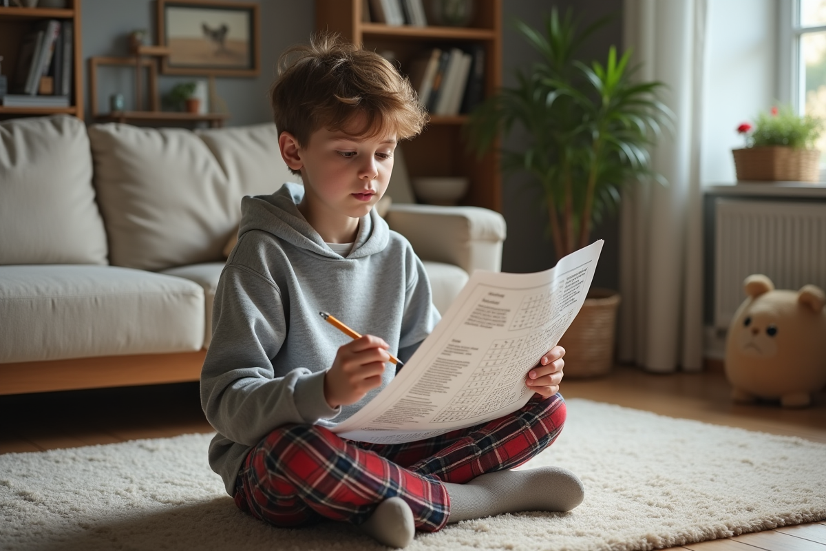 Adolescent en pyjama résolvant un sudoku dans le salon