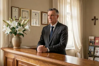 Directeur de pompes funèbres accueillant dans une agence funéraire des Bouches-du-Rhône