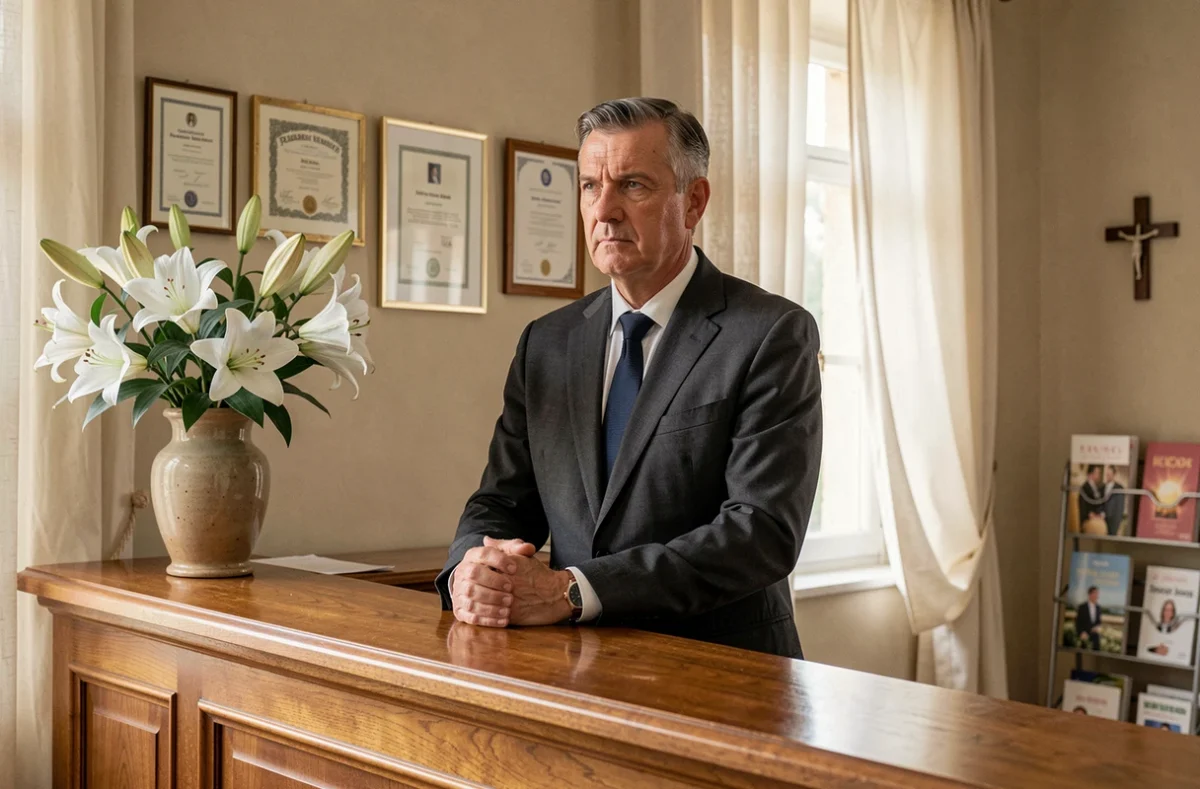 Directeur de pompes funèbres accueillant dans une agence funéraire des Bouches-du-Rhône