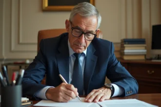 Agent de la fonction publique rédigeant une lettre de départ à la retraite dans un bureau administratif