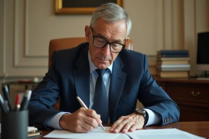 Agent de la fonction publique rédigeant une lettre de départ à la retraite dans un bureau administratif