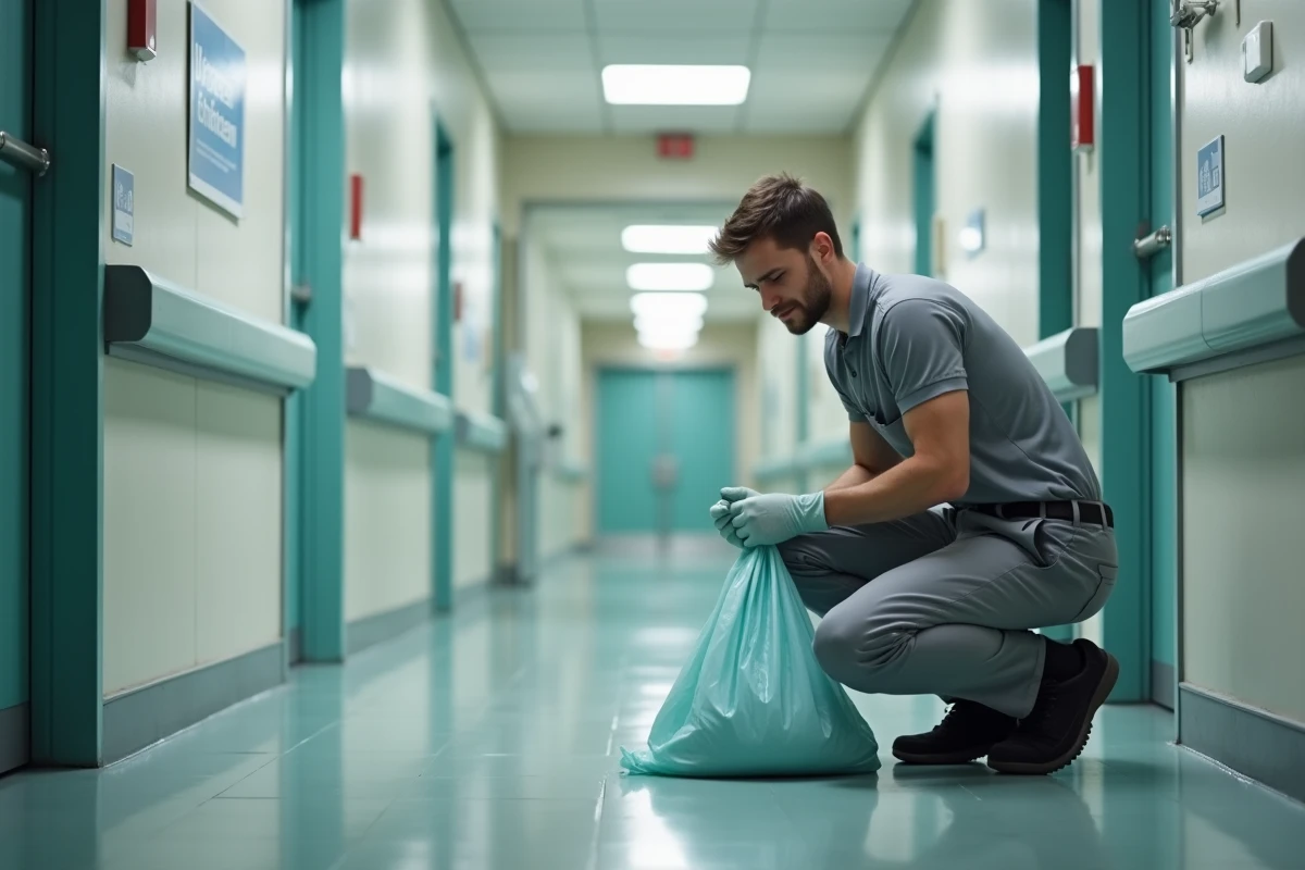 Agent de nettoyage hospitalier en train de lier un sac poubelle