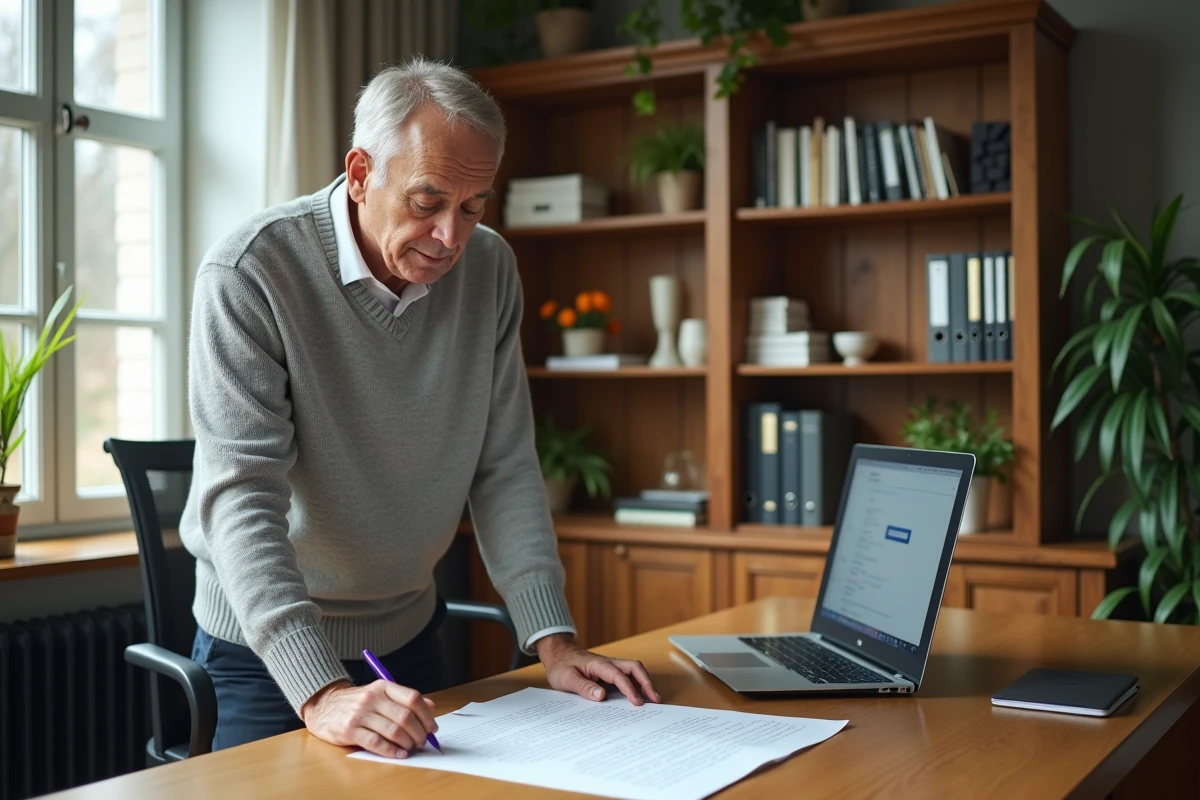 Agent public retraitable relisant une lettre de retraite depuis son bureau à domicile