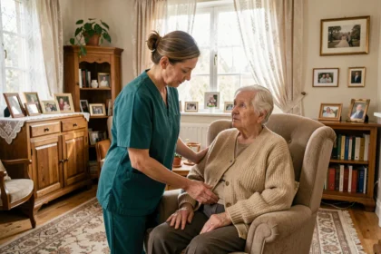 Une aide à domicile en uniforme teal accompagne une femme âgée dans un salon chaleureux du Nord de la France, illustrant le thème des services d'aide à domicile dans le Pas-de-Calais.