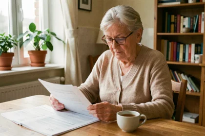 Femme âgée qui examine des documents d'aide financière pour maison de retraite