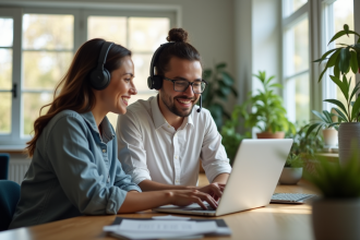 Support informatique convivial aidant un client dans un bureau lumineux