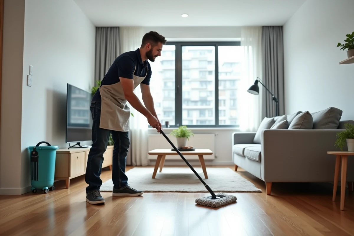 Un aide ménager masculin professionnel utilisant une serpillière sur un parquet dans un appartement moderne au style scandinave