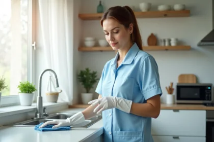 Aide ménagère professionnelle en uniforme bleu nettoyant un plan de travail dans une cuisine moderne propre et bien rangée