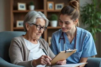 Femme âgée avec aide d'une infirmière en salon chaleureux