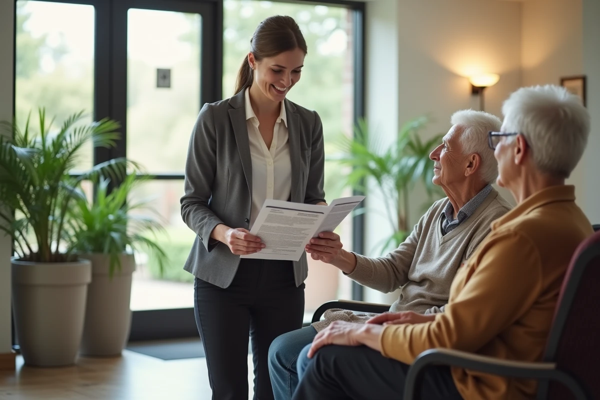 Assistante sociale parlant avec un couple âgé dans un hall