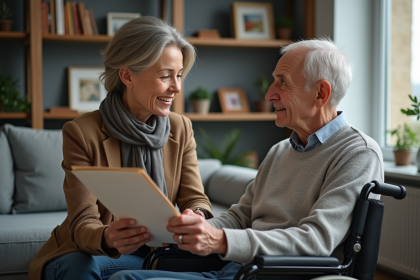 Assistante sociale aidant un jeune homme en fauteuil