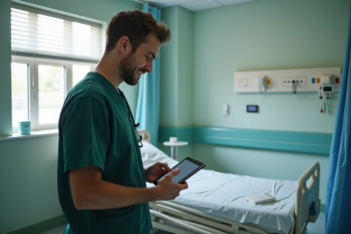 Aide-soignant consultant un dossier de soin numérique sur tablette dans une chambre de patient