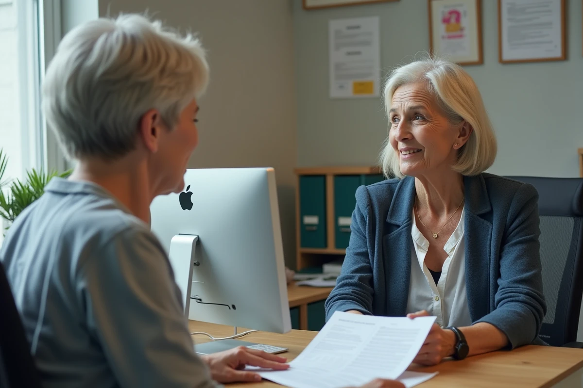 Aide-soignante retraitée en rendez-vous avec une conseillère retraite dans un bureau administratif