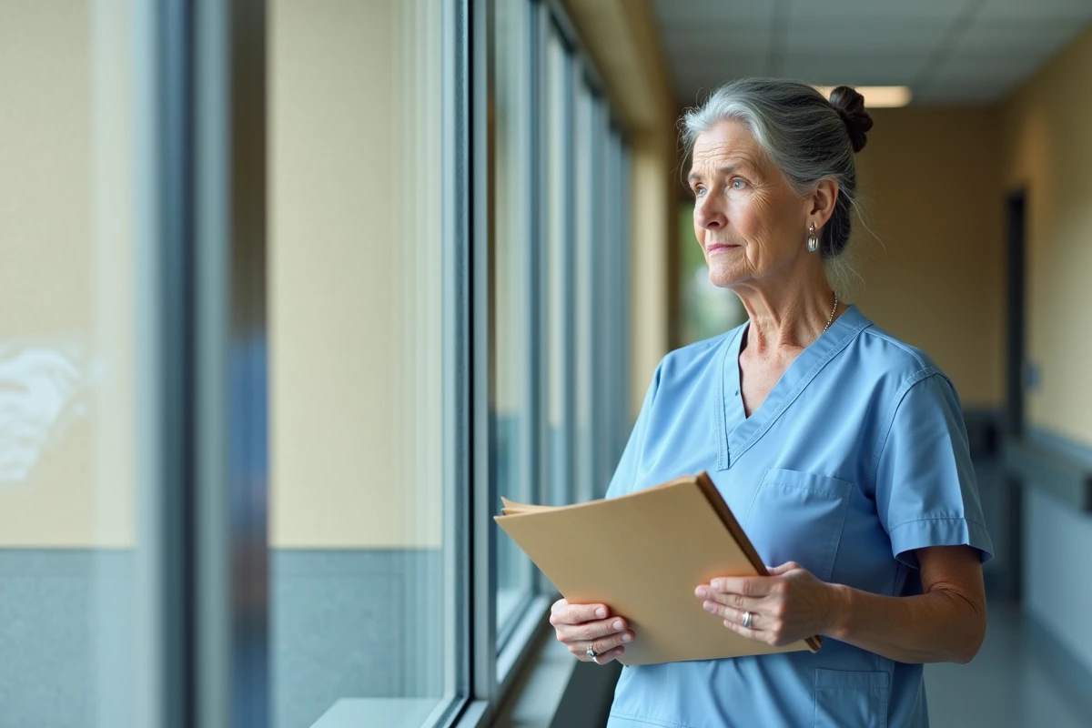 Aide-soignante en fin de carrière tenant des documents dans un couloir d'hôpital