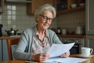 Aide-soignante retraitée examinant ses documents de retraite à la table de cuisine