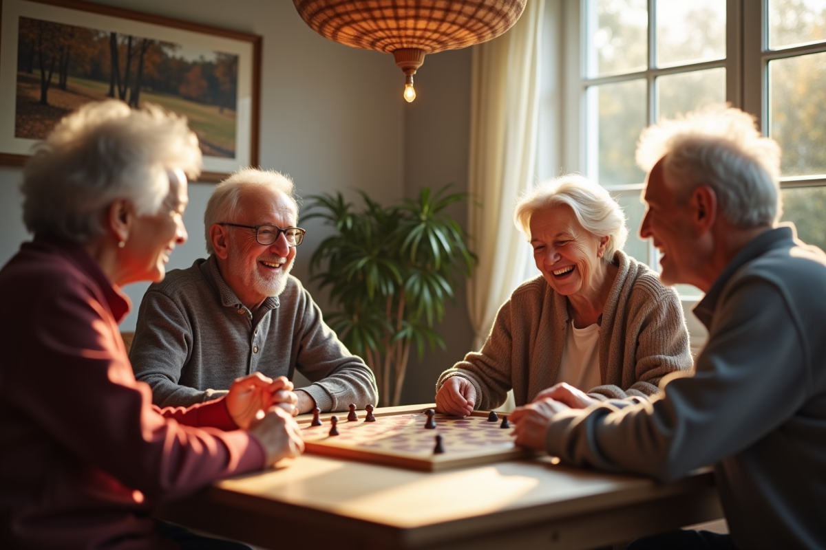 Groupes de seniors jouant à des jeux de société lumineux