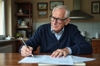 Ancien combattant à la retraite qui vérifie ses documents de retraite mutualiste à la maison