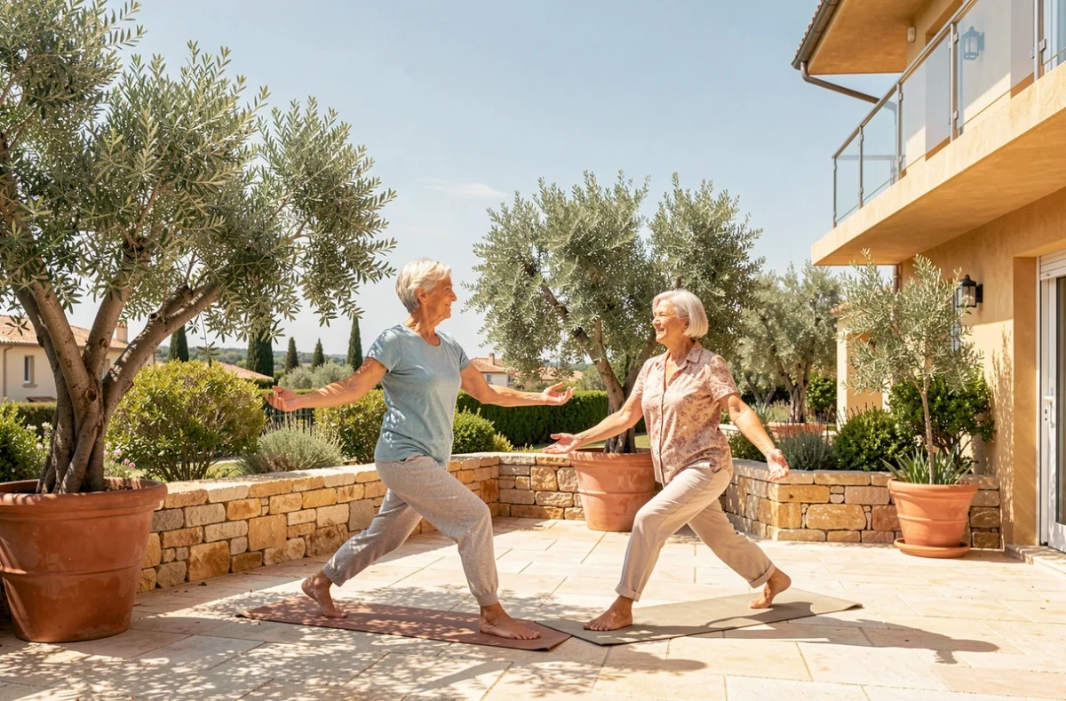 Deux seniors pratiquant le yoga en plein air sur la terrasse de la résidence Aquarelia Toulouse Rangueil