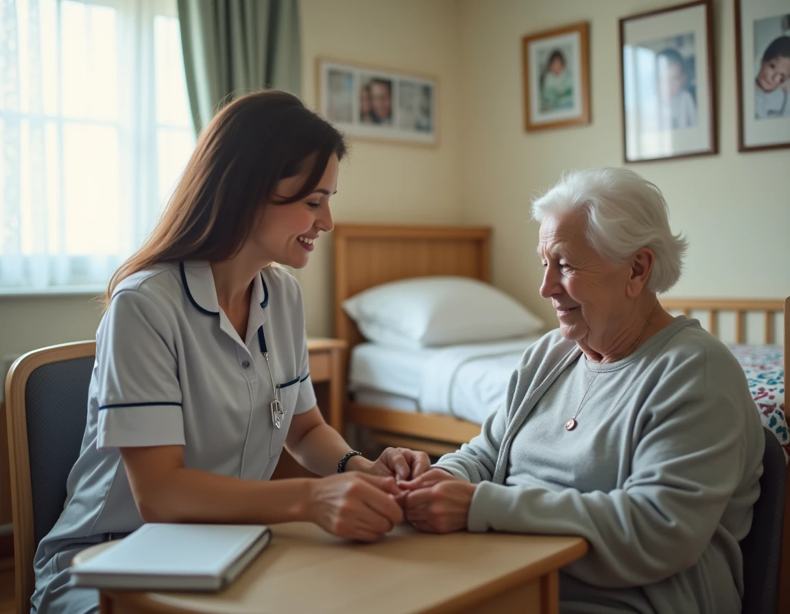 ASH en EHPAD aidant une résidente âgée dans sa chambre personnalisée, illustrant le travail relationnel du métier