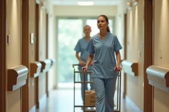Agent de service hospitalier en EHPAD poussant un chariot repas dans un couloir de maison de retraite moderne