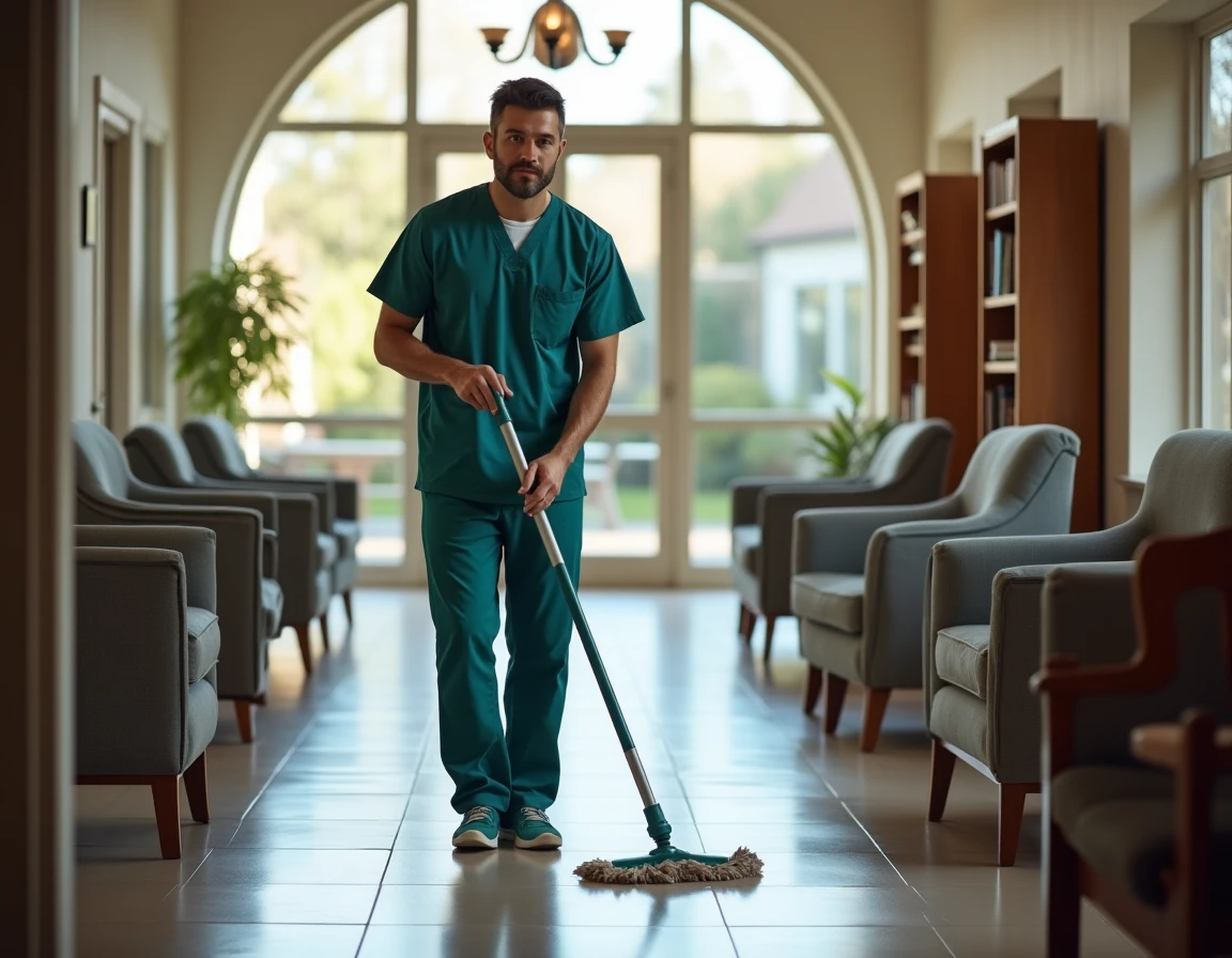 Agent hospitalier masculin entretenant le sol d'une salle commune en EHPAD avec une serpillière professionnelle