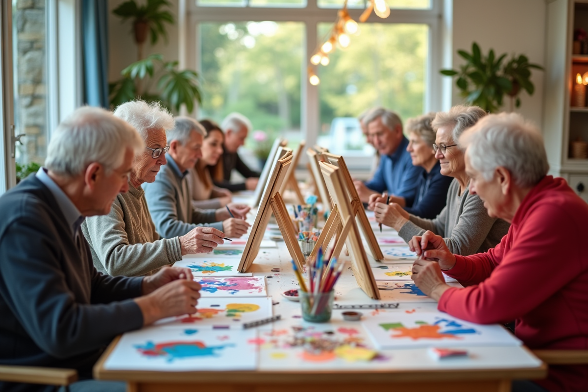 Seniors participant à un atelier de peinture en centre communautaire