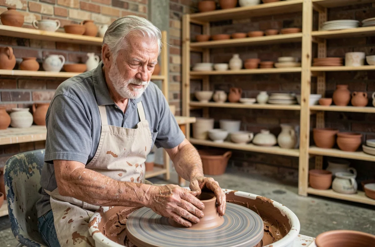 Homme âgé participant à un atelier de poterie dans un club senior, activité créative contre l'isolement