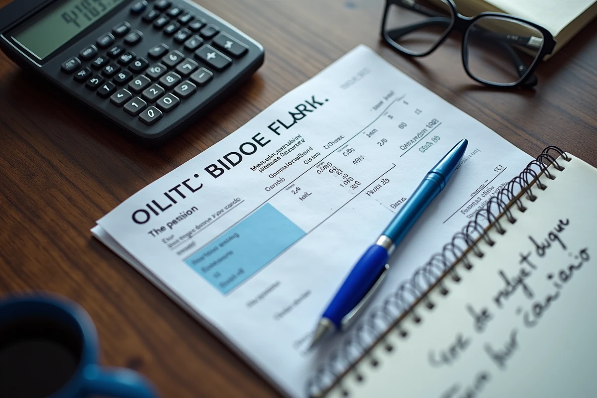 Vue en plongée d'un bulletin de retraite avec des lignes de prélèvements sociaux et une calculatrice