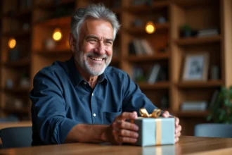 Homme de 50 ans souriant en train de déballer un cadeau élégant à table