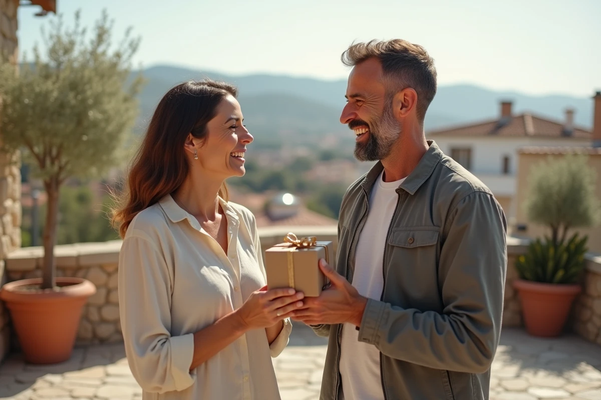Couple fêtant les 50 ans d'un homme avec un cadeau sur une terrasse ensoleillée
