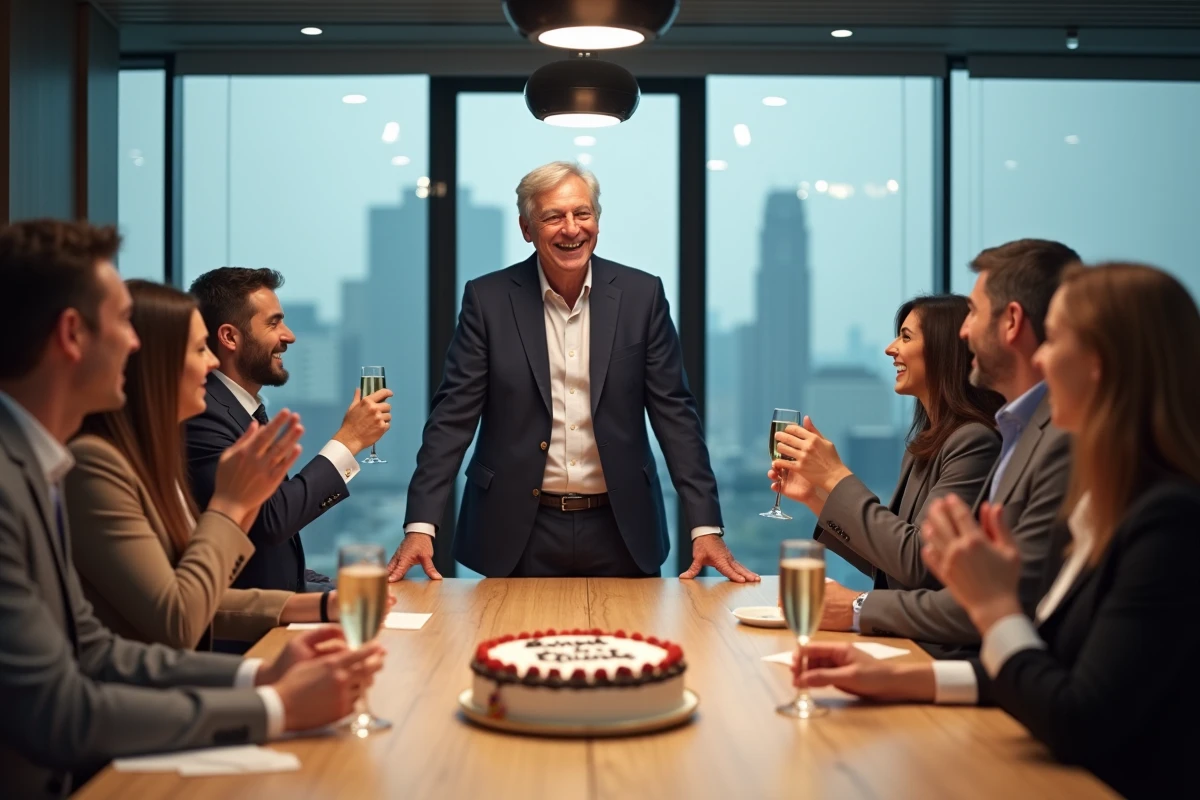 Groupe de collègues célébrant le départ à la retraite d'un ami autour d'un gâteau et de coupes de champagne en salle de réunion