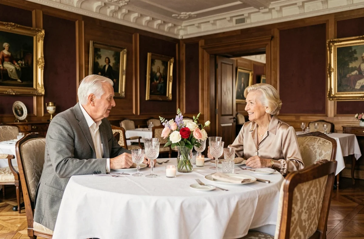 Couple de seniors dînant élégamment dans la salle à manger de standing du Château Camas