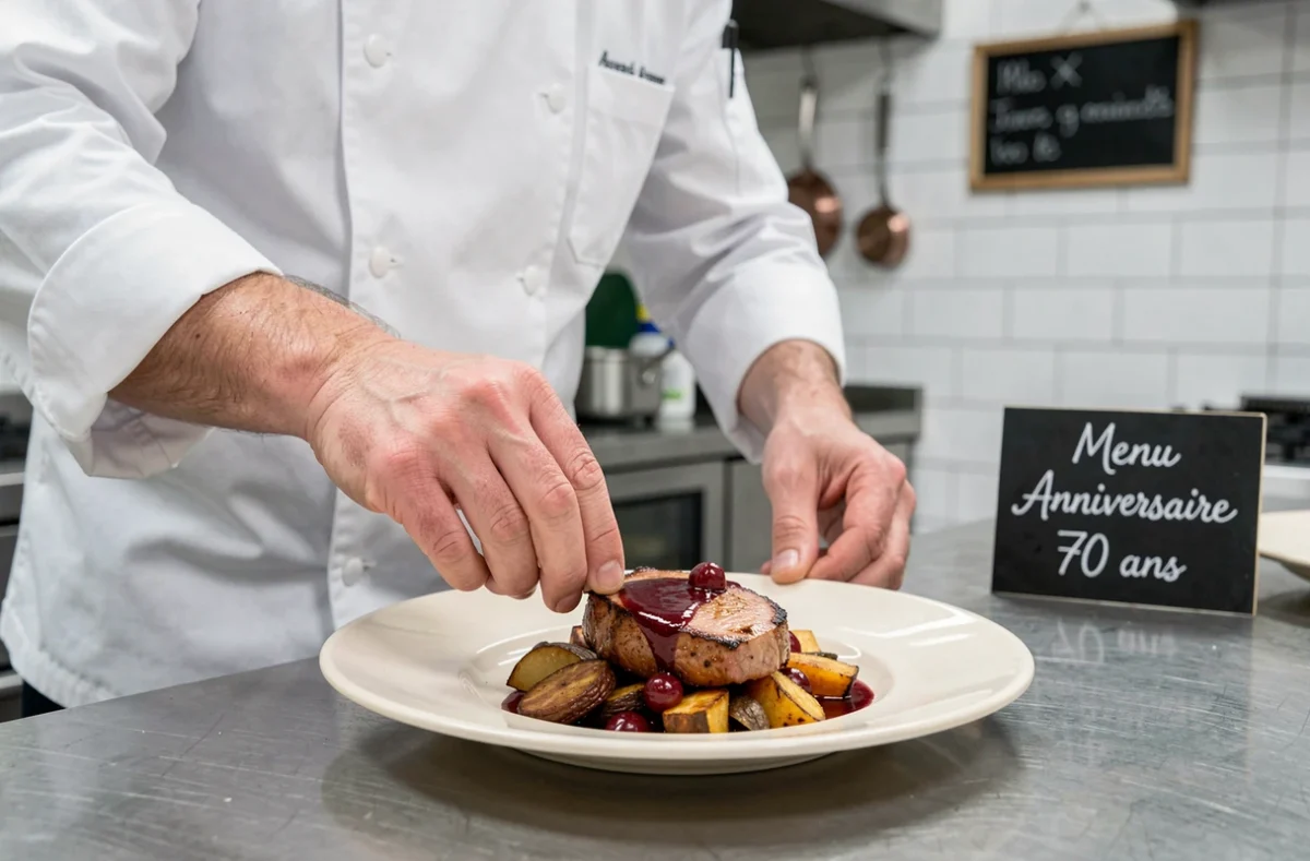 Chef cuisinier dressant une assiette gastronomique de magret de canard pour un menu d'anniversaire 70 ans homme chic et raffiné