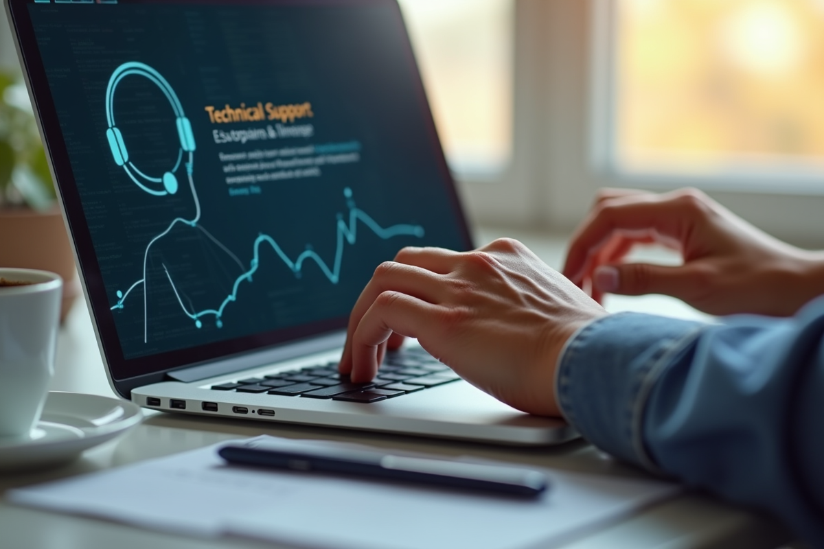 Mains tapant sur un clavier avec site de support technique à l