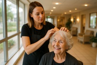 Coiffeur professionnel coiffant une femme âgée souriante dans un salon lumineux