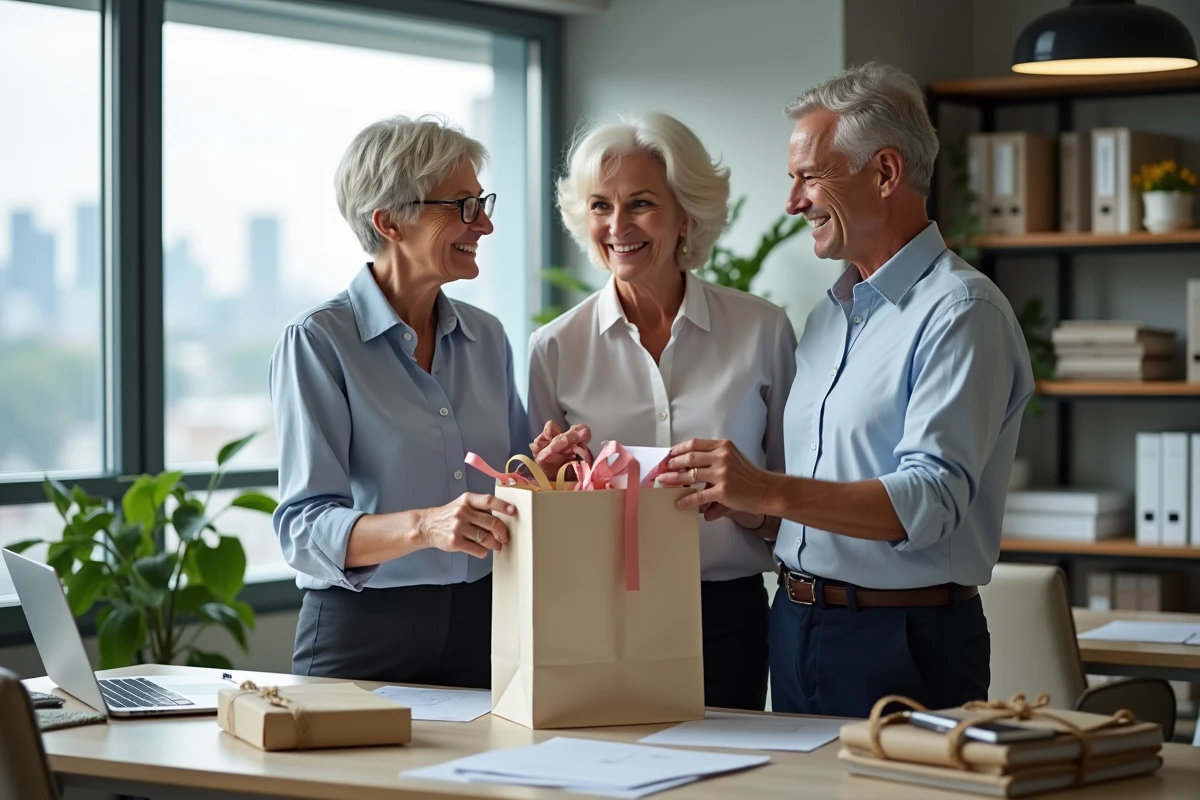 Collegues échangeant une carte de retraite dans un bureau