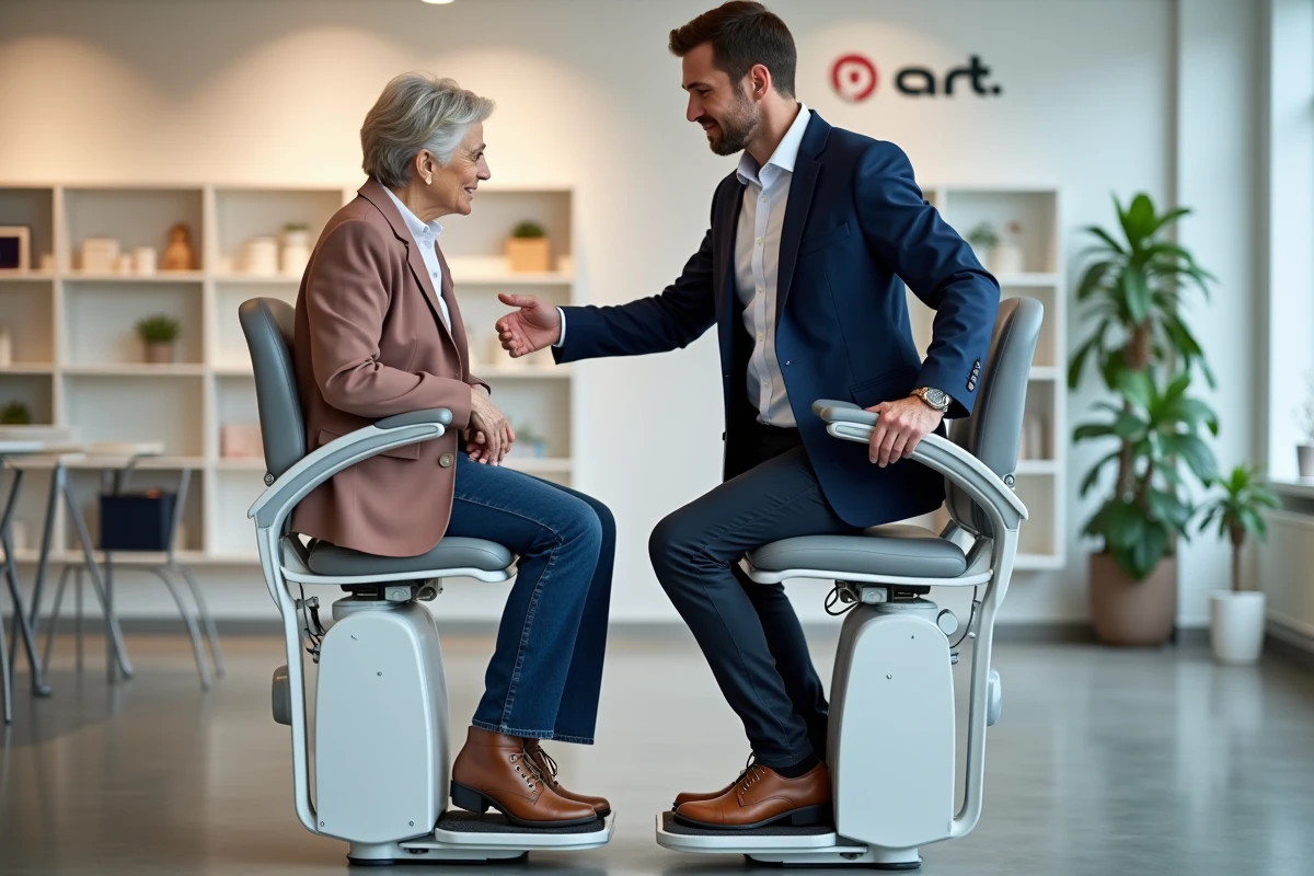 Conseiller en mobilité et cliente comparant deux modèles de monte escaliers portables en showroom