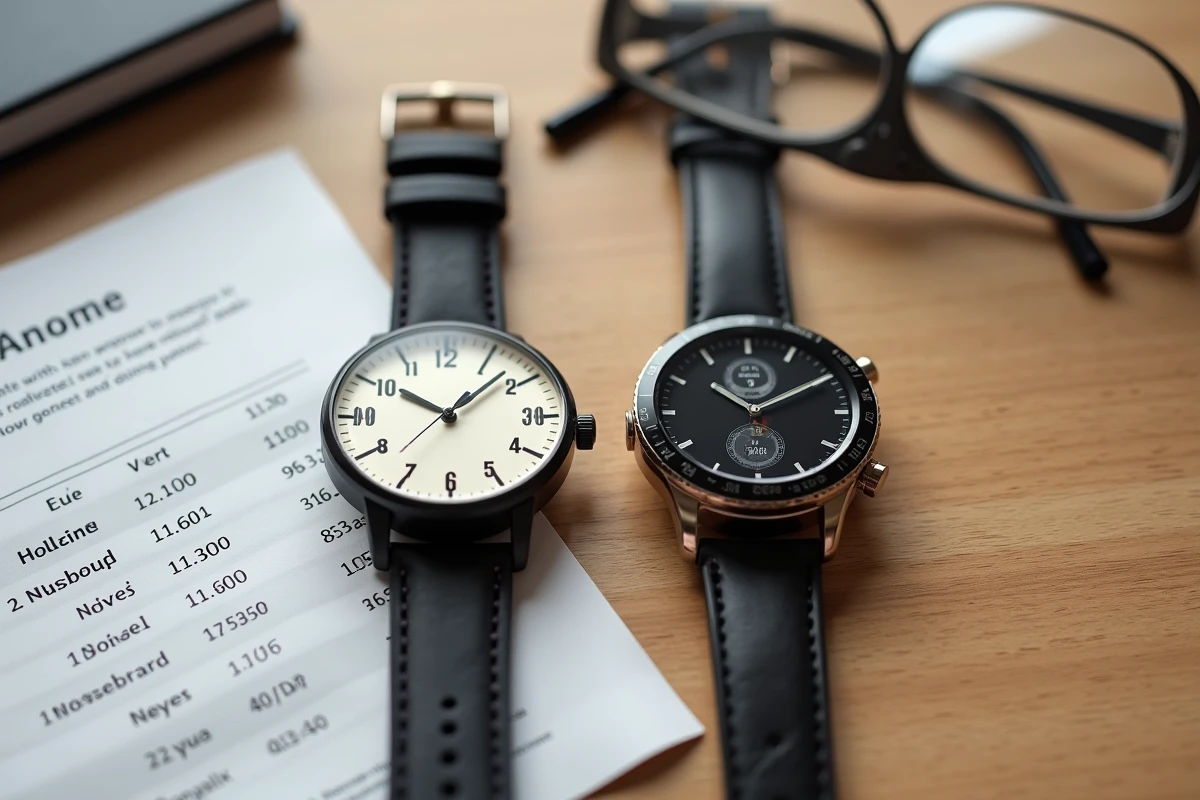 Comparaison de montres pour personnes âgées : montre analogique à grand cadran et montre connectée GPS posées sur une table en bois