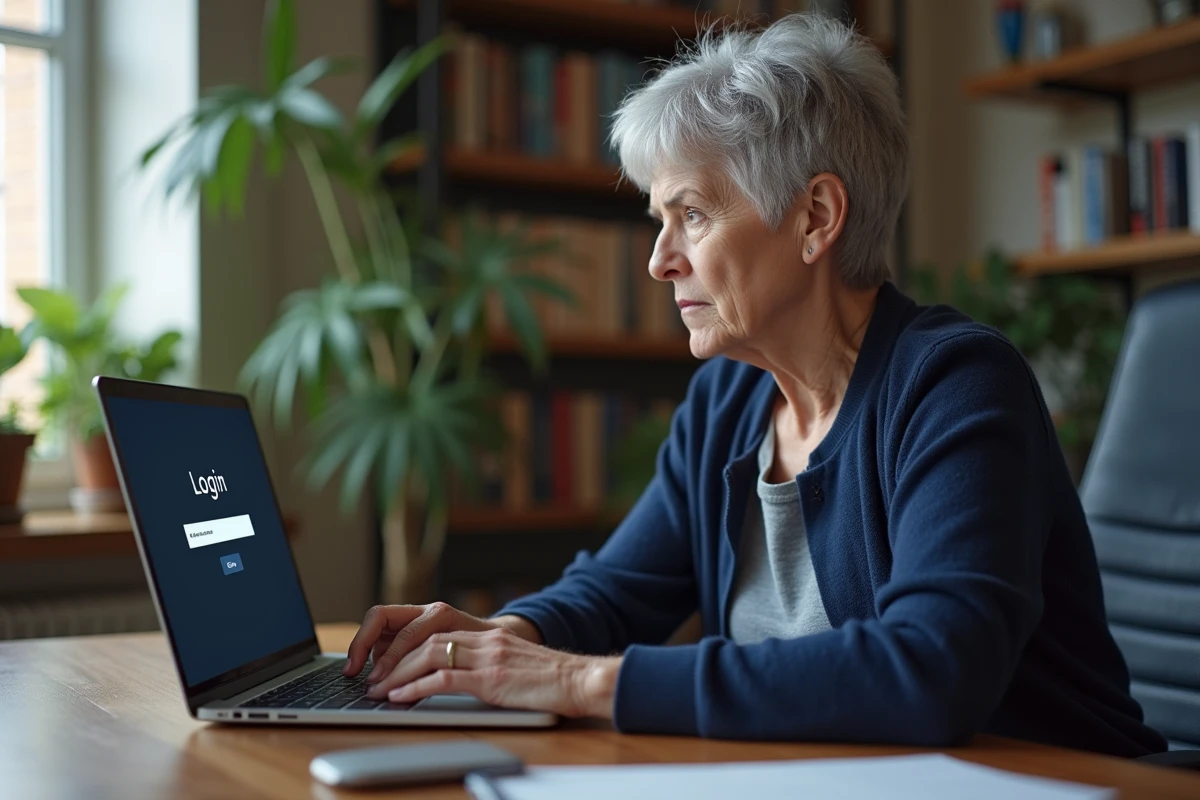 Femme de 60 ans tentant de se connecter à son espace personnel Carsat sur un ordinateur portable depuis son domicile