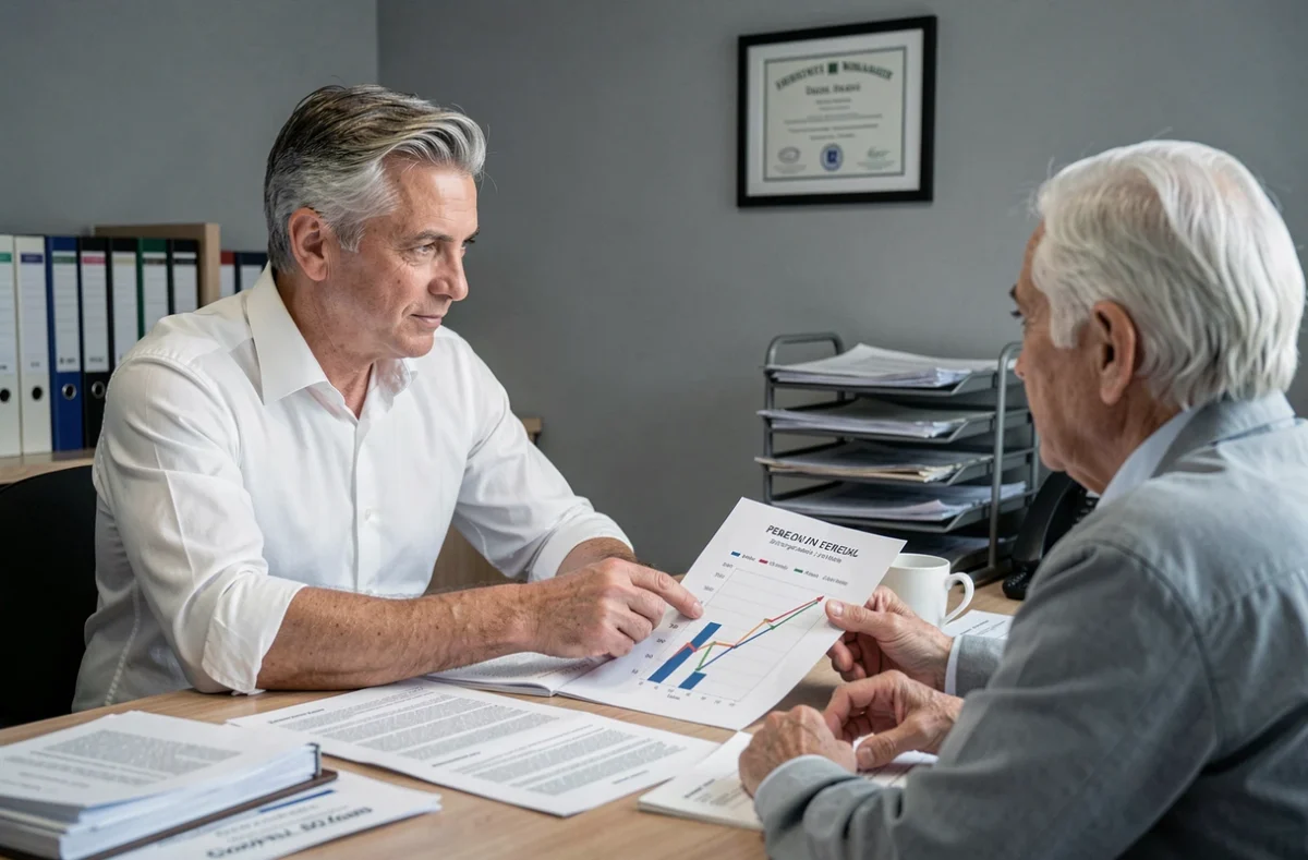 Conseiller financier expliquant la revalorisation Agirc-Arrco 2026 à un client retraité