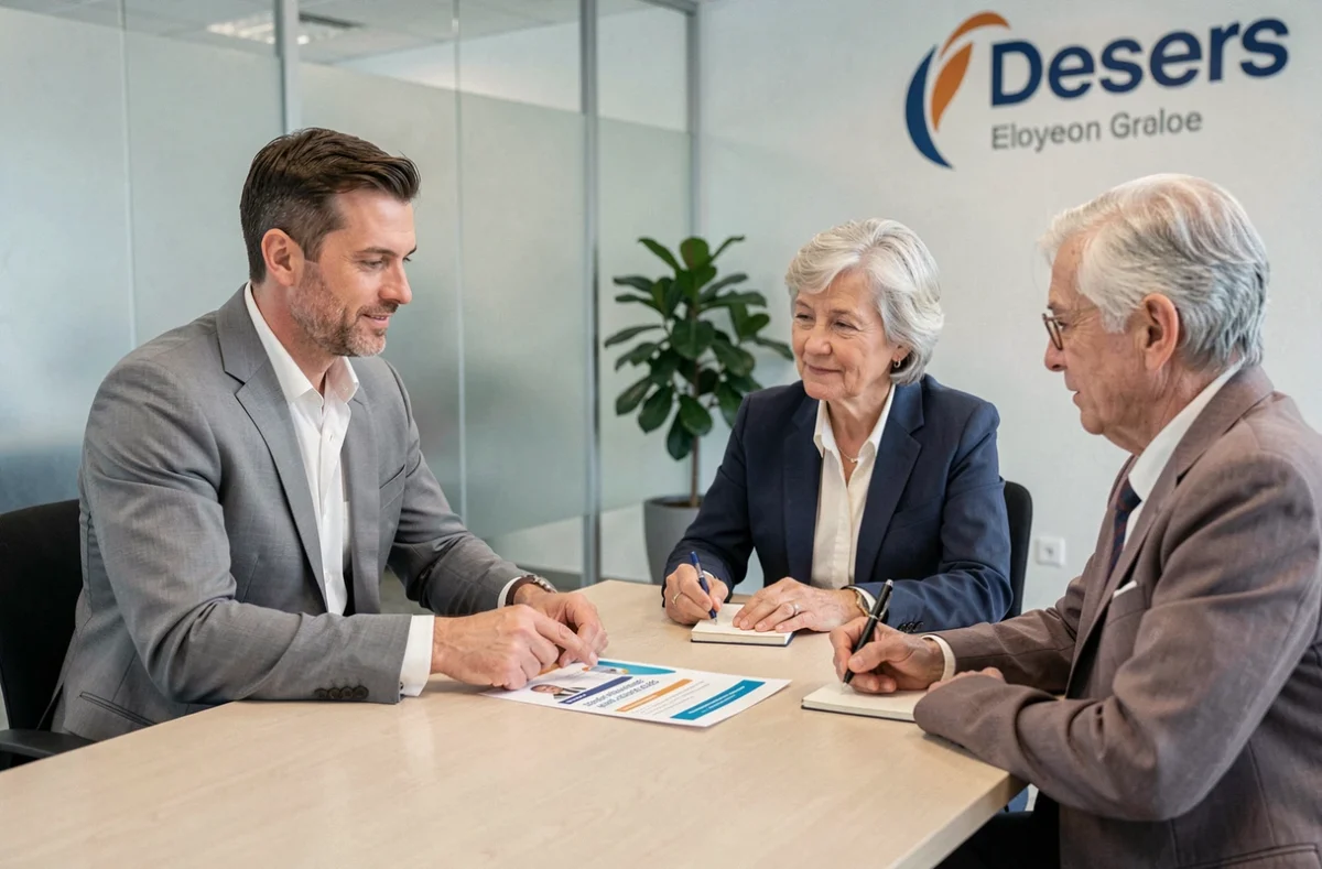 Conseiller expliquant les différences entre la CNAV et l'Assurance retraite à un couple de seniors