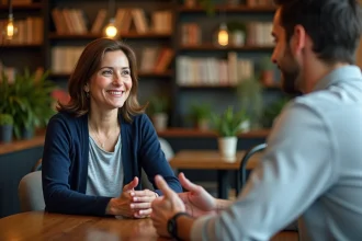 Deux adultes discutent dans un café cosy avec livres et plantes
