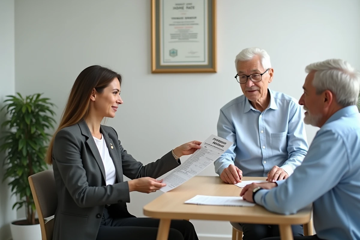 Une coordinatrice de services à domicile présente les tarifs et prestations d'Age d'Or Services à un couple de retraités dans un bureau professionnel